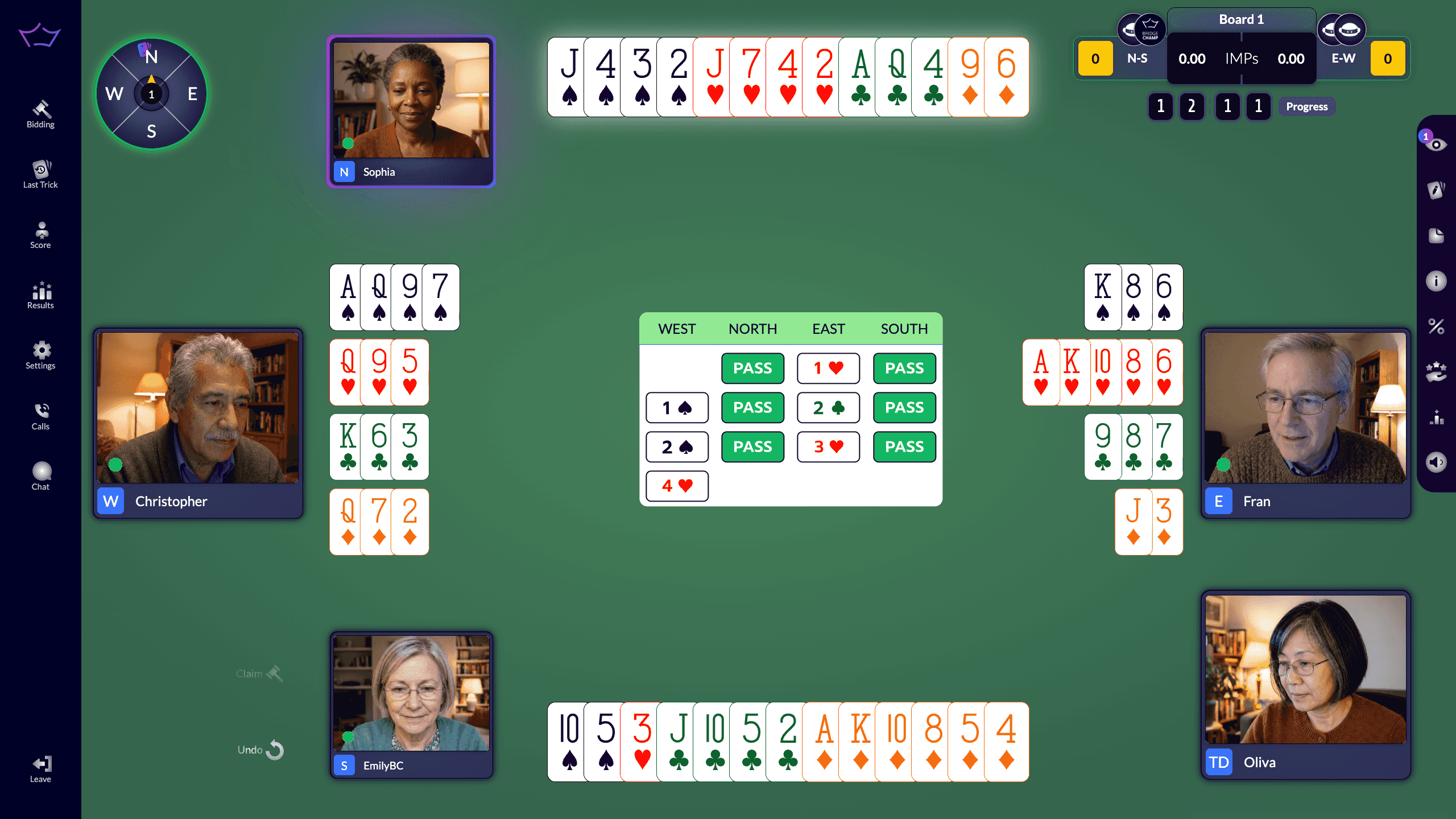 A Bridge Champ table with four players and the tournament director all together on live video while they play